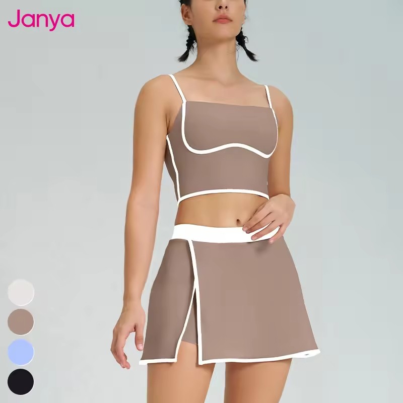 2025 New Fitness Sports Clothing Sets Color Blocking Yoga Tank Top Bra 2 in 1 Skirts Suit Golf Tennis Skirt 2 Piece Set Women